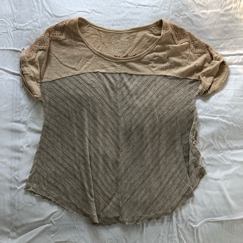 Free People Beige Tan Short Sleeve Mixed Knit Tee